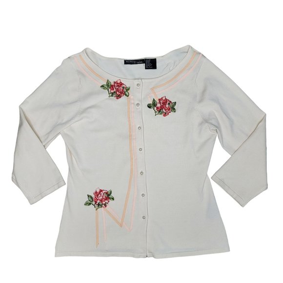 NicKnits by Nicole Miller silk blend feminine embroidered rose button cardigan - Picture 1 of 6